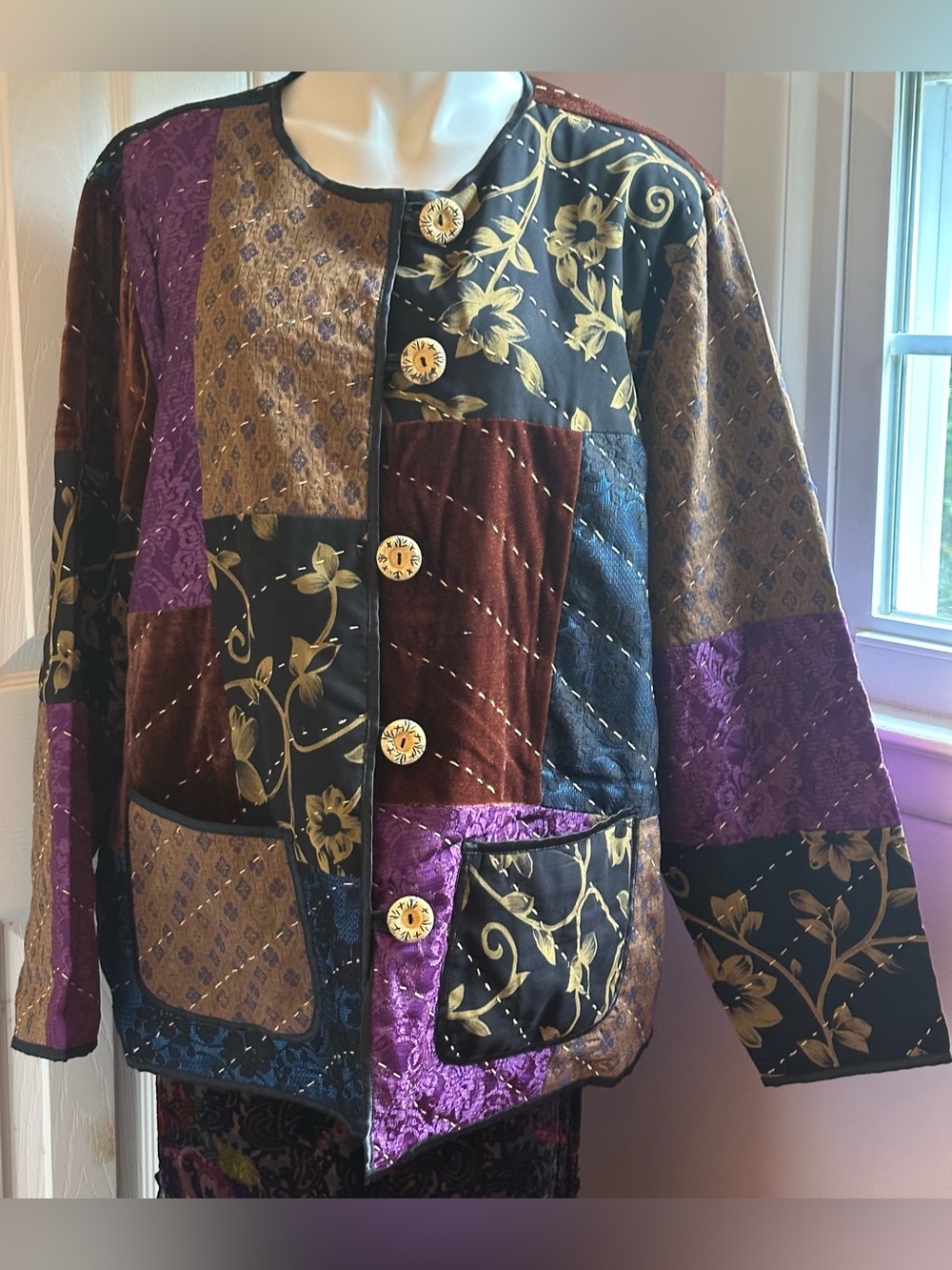 INDIGO MOON Multi Color Patchwork Quilted Pockets 5 Wooden Buttons Jacket 2X